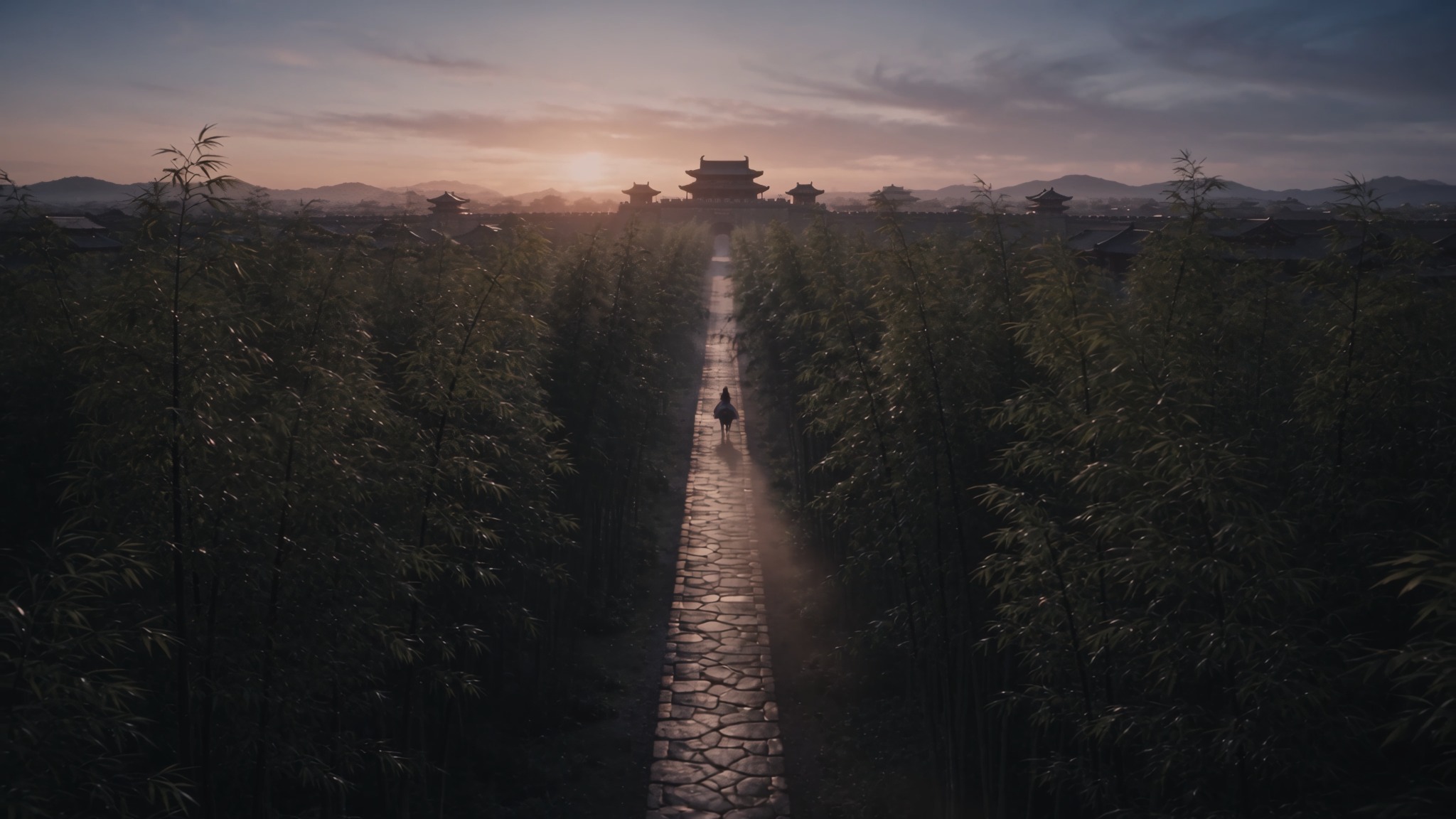 A lone rider travels toward an ancient city at sunrise