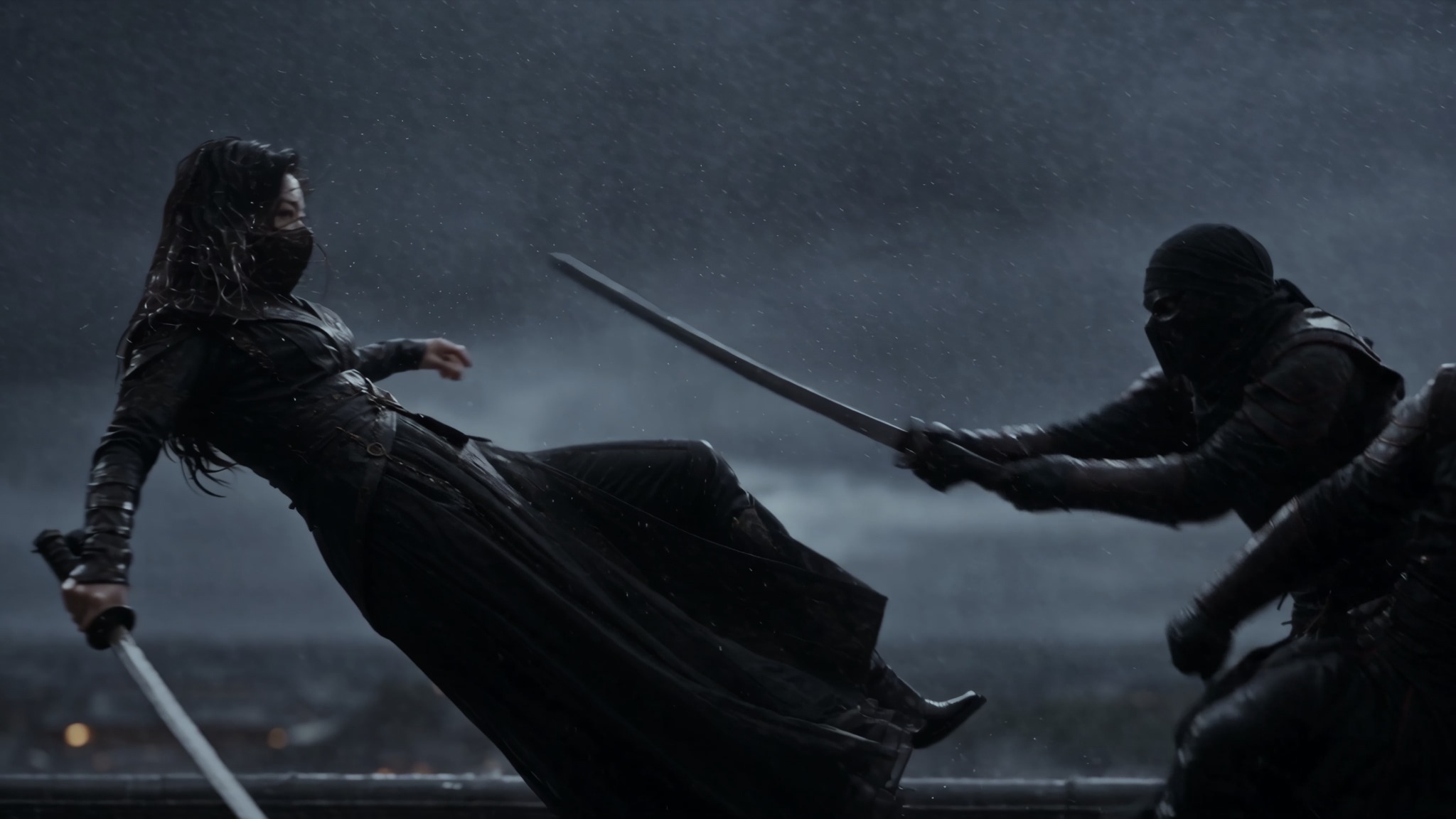 A swordswoman evades an attacker during a fight in the rain