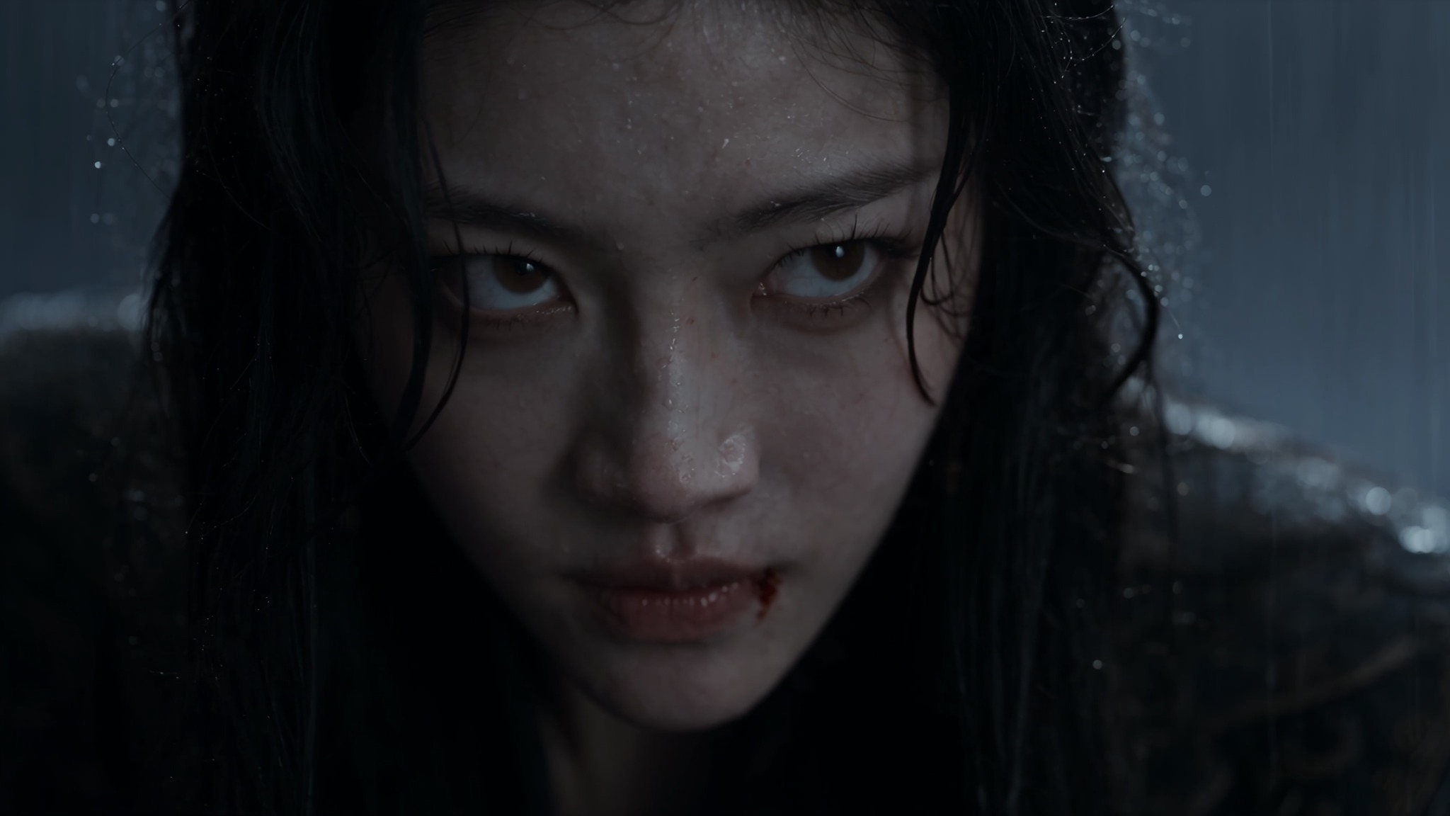 Close-up portrait in falling rain