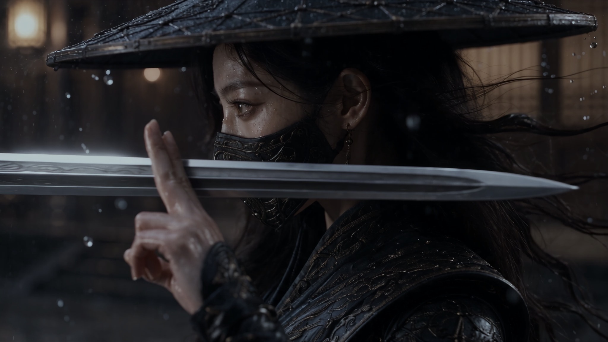 A masked swordswoman holding a blade in the rain