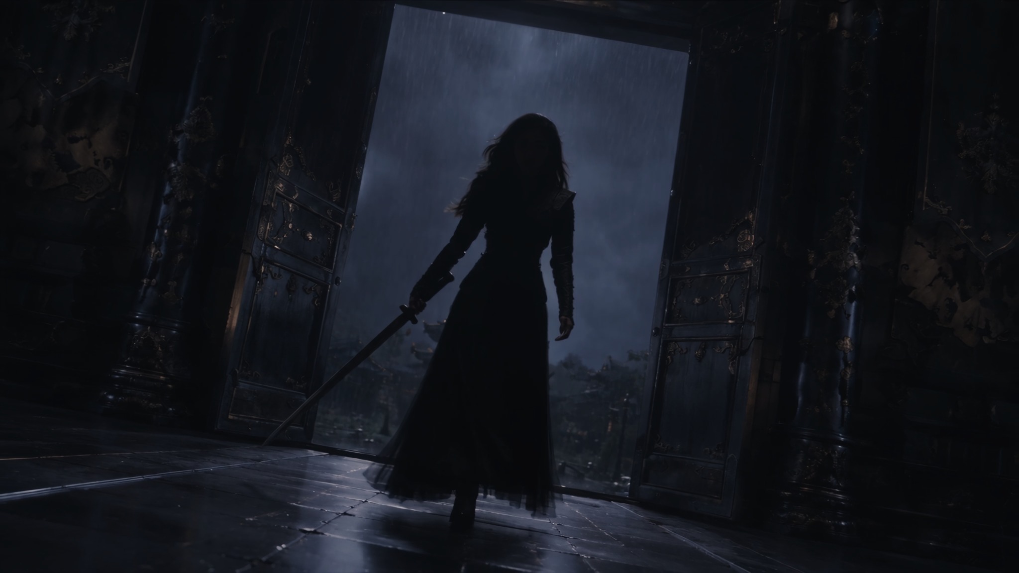 A swordswoman stands silhouetted in a doorway