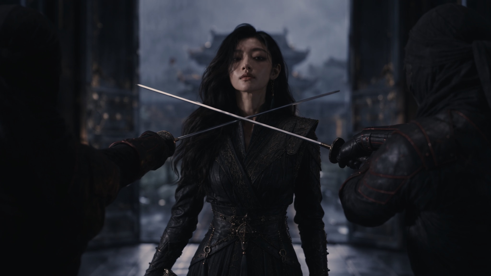 A swordswoman stands between two crossed blades